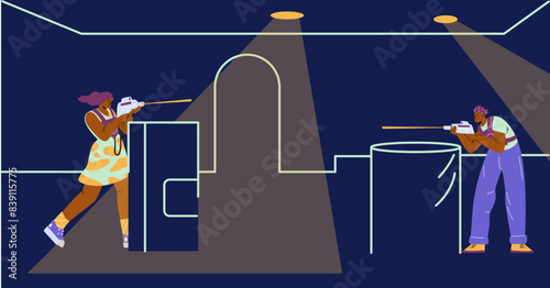 Illustration with participants in a laser tag game. Vector banner.