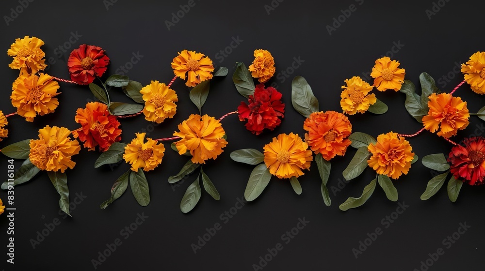 Fototapeta premium Worms-eye view of vibrant marigold flower garlands, illuminated against a jet-black background, evoking the spirit of Day of the Dead with rich, warm hues, ample copyspace for text