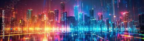 Futuristic Cybernetic Cityscape with Interconnected Data Beams and Neon Lights