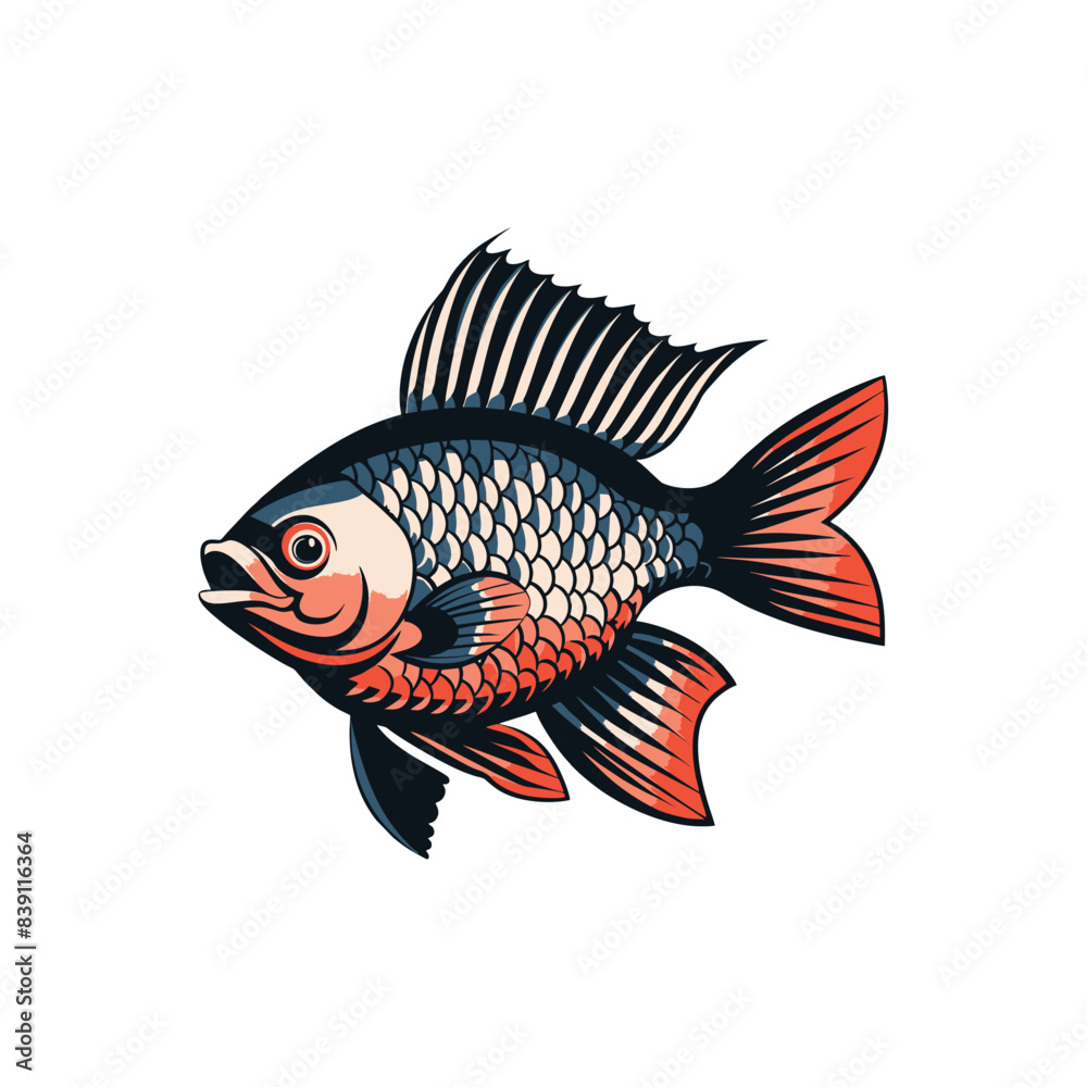 Vector illustration of Tilapia fish isolated on white background. Tilapia fish glyph icon. Badge for design seafood packaging. Logo Design for Fish Farming Business Vector illustration of Tilapia fish isolated on white background. Tilapia fish glyph icon. Badge for design seafood packaging. Logo Design for Fish Farming Business