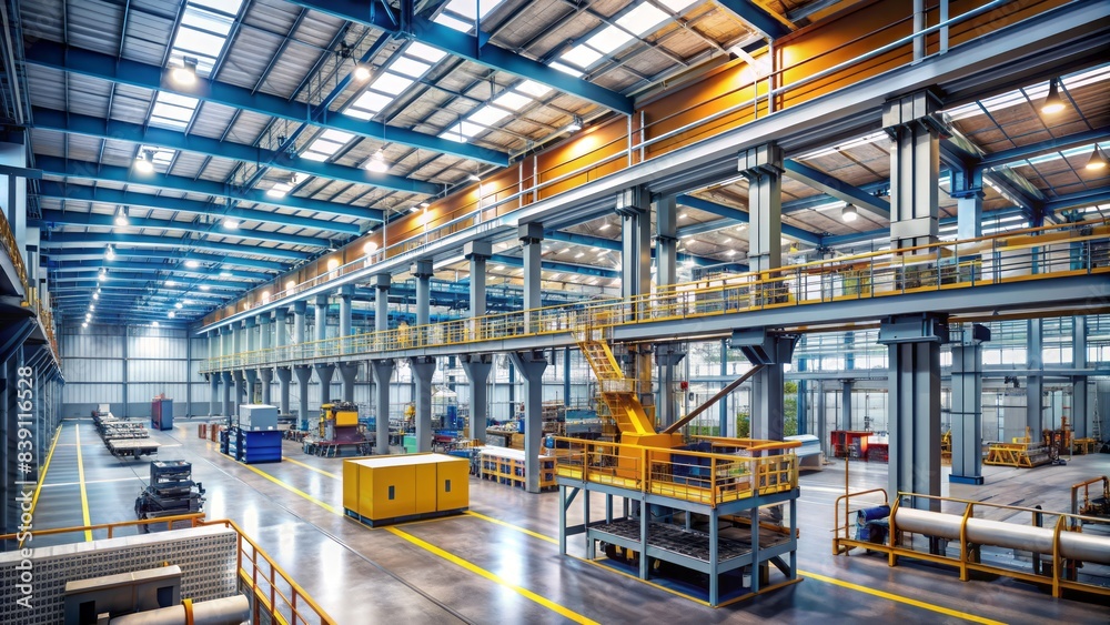 Modern industrial interior of a factory building featuring construction lines, structures, and industrial equipment machines in a highly detailed high-quality illustration. Modern industrial interior of a factory building featuring construction lines, structures, and industrial equipment machines in a highly detailed high-quality illustration.