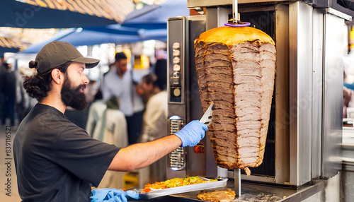 Traditional Turkish Doner Kebab Chef Slicing Meat at Food Stall. Döner ustası döner kesiyor