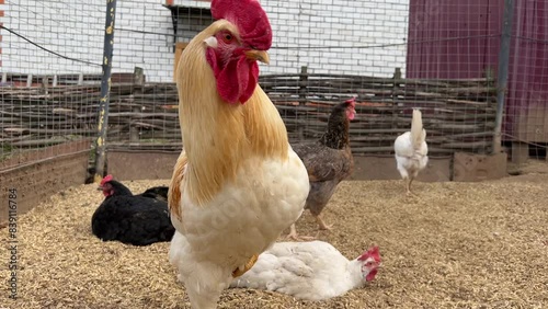 A beautiful white cock comes up to the camera and looks intently into it