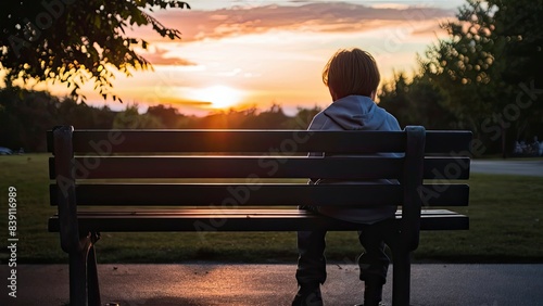 Children Kid sitting alone on bench Sunset sunrise scene Horizon Clouds in background hyper realistic photography silhouette shot of boy girl depressing lifestyle kids health parenting wallpaper