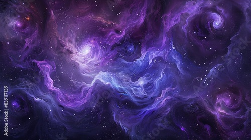 Cosmic Dance: An abstract portrayal of outer space with swirling nebulas and twinkling stars, using vibrant purples and deep blues, splattered with bright white spots resembling distant galaxies. photo