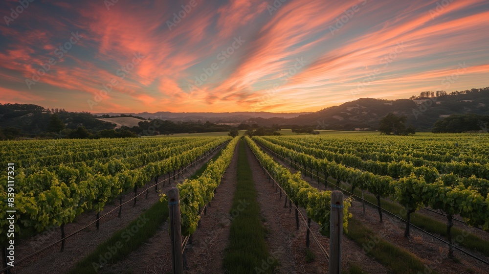 A picturesque vineyard at sunset, with neat rows of grapevines stretching towards the horizon under a sky streaked with pink and gold. A picturesque vineyard at sunset, with neat rows of grapevines stretching towards the horizon under a sky streaked with pink and gold.