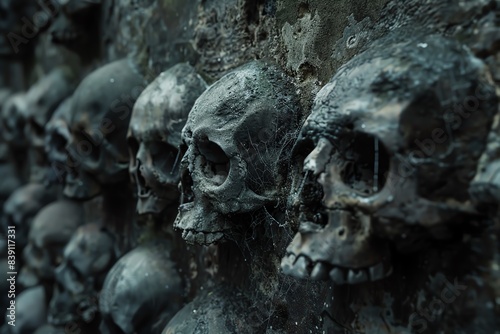 This image shows a large number of skulls arranged in a grid-like pattern on a stone wall. The skulls are weathered and worn, and the overall effect is one of decay and death. © Santisiri