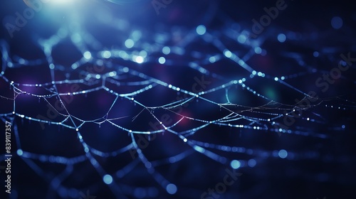 A spider web is shown in a blue and purple color scheme. The web is made up of many small lines that are connected to each other.