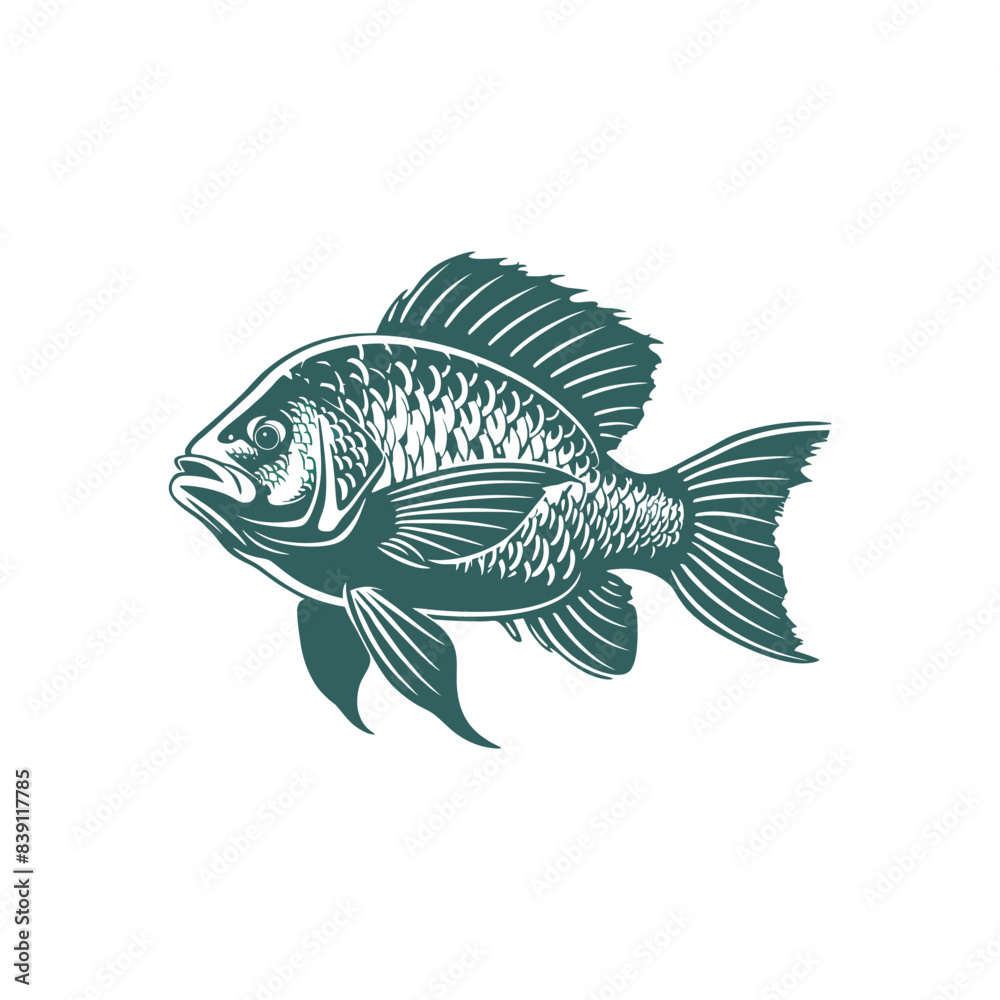Vector illustration of Tilapia fish isolated on white background. Tilapia fish glyph icon. Badge for design seafood packaging. Logo Design for Fish Farming Business Vector illustration of Tilapia fish isolated on white background. Tilapia fish glyph icon. Badge for design seafood packaging. Logo Design for Fish Farming Business