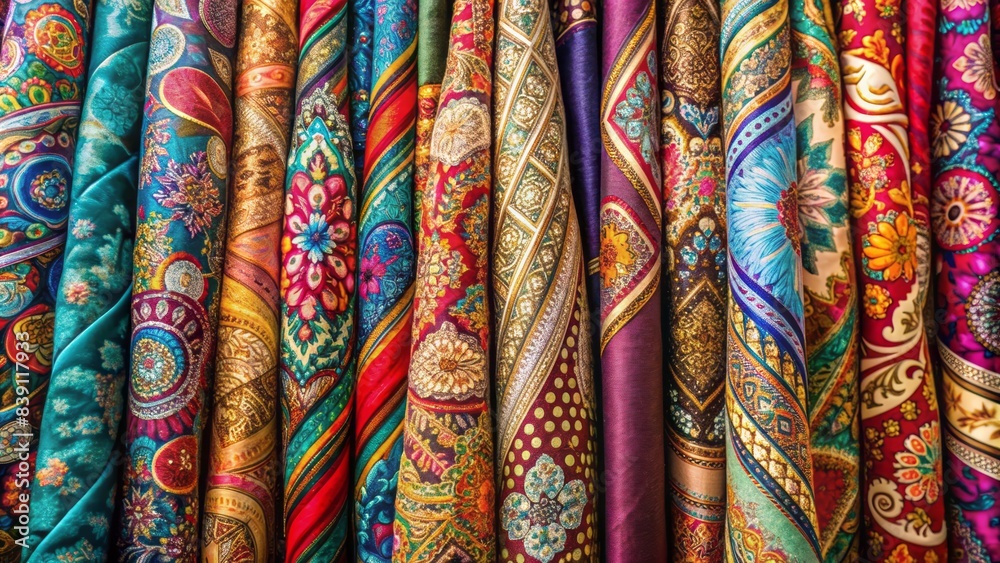 Vibrant multicolored fabrics with intricate patterns and textures, showcasing a kaleidoscope of colors, folds, and drapes, against a clean white background, evoking a sense of luxury. Vibrant multicolored fabrics with intricate patterns and textures, showcasing a kaleidoscope of colors, folds, and drapes, against a clean white background, evoking a sense of luxury.