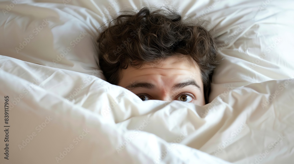 A person peeking out from under white bed covers with only their eyes visible, expressing curiosity or surprise. A person peeking out from under white bed covers with only their eyes visible, expressing curiosity or surprise.