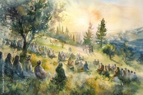 Jesus' Generous Act: Feeding the 5000 in Watercolor Miracle Scene