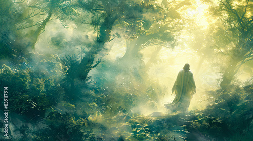 Digital watercolor painting of Jesus walking through a misty, moss-covered forest, ancient trees towering overhead, shafts of sunlight filtering through the dense canopy