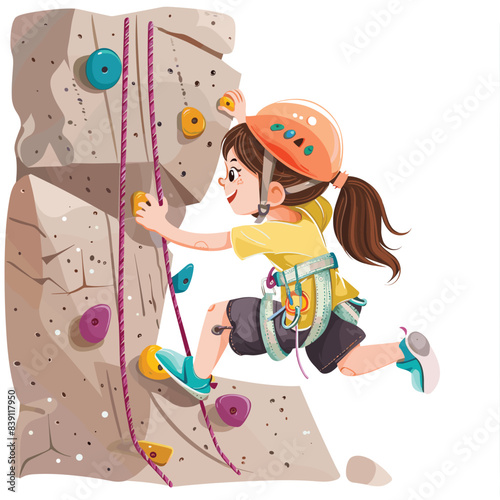 Young girl climbing rock wall, focused determined, wearing helmet harness. Child engaged indoor rock climbing, expressing joy excitement. Cartoon illustration kid doing sport climbing, safety rope