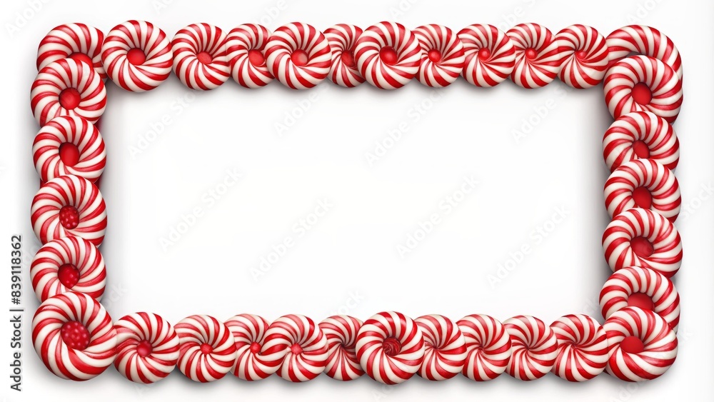 Festive candy cane frame with red and white stripes on isolated white background, featuring striped lollipop pattern, perfect for christmas and new year templates. Festive candy cane frame with red and white stripes on isolated white background, featuring striped lollipop pattern, perfect for christmas and new year templates.