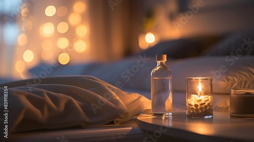 Cozy bedroom with ambient lighting, a candle, and a bottle of water on a bedside table, creating a warm and inviting atmosphere.