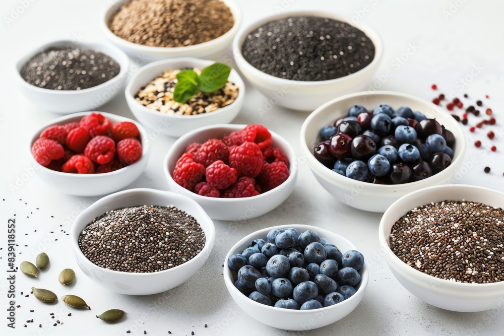 Assorted bowls of fresh berries and seeds on a white background, showcasing a healthy and colorful food variety. Assorted bowls of fresh berries and seeds on a white background, showcasing a healthy and colorful food variety.