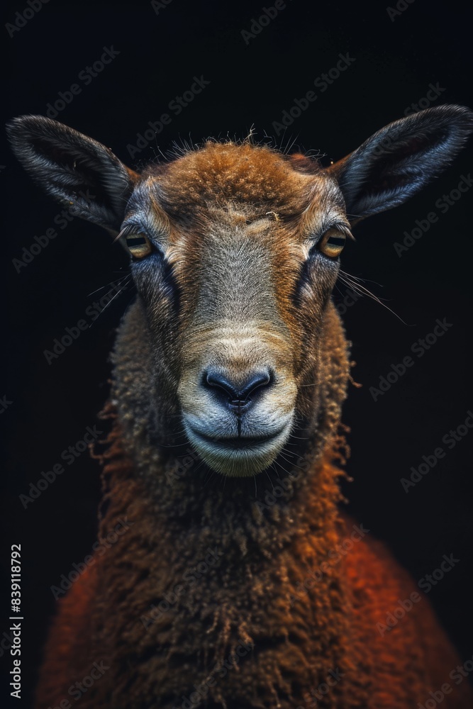 Mystic portrait of Suffolk Sheep, copy space on right side, Anger, Menacing, Headshot, Close-up View Isolated on black background Mystic portrait of Suffolk Sheep, copy space on right side, Anger, Menacing, Headshot, Close-up View Isolated on black background