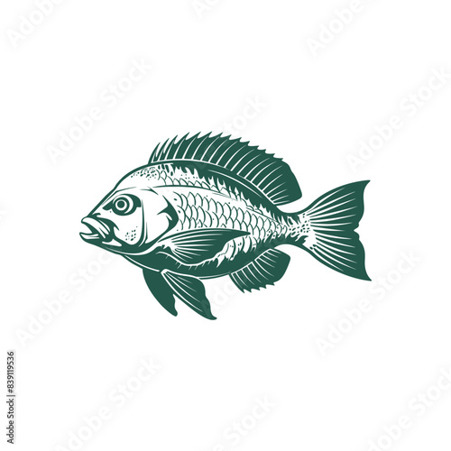 Vector illustration of Tilapia fish isolated on white background. Tilapia fish glyph icon. Badge for design seafood packaging. Logo Design for Fish Farming Business