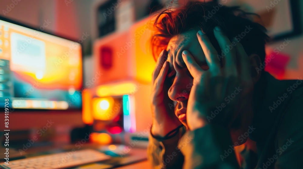 Fototapeta premium Frustrated man holding his head in hands, sitting at a computer desk, illuminated by colorful lights, in a home office setting.