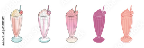 A set of five illustrated milkshakes, each topped with whipped cream and a strawberry, on a white background.