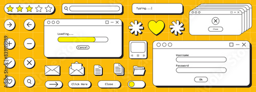 Big set of 90s retro vaporwave aesthetics digital screen user interface.80s 90s old computer user interface elements and vintage aesthetic icons.Nostalgic retro operating system.Vector illustration.