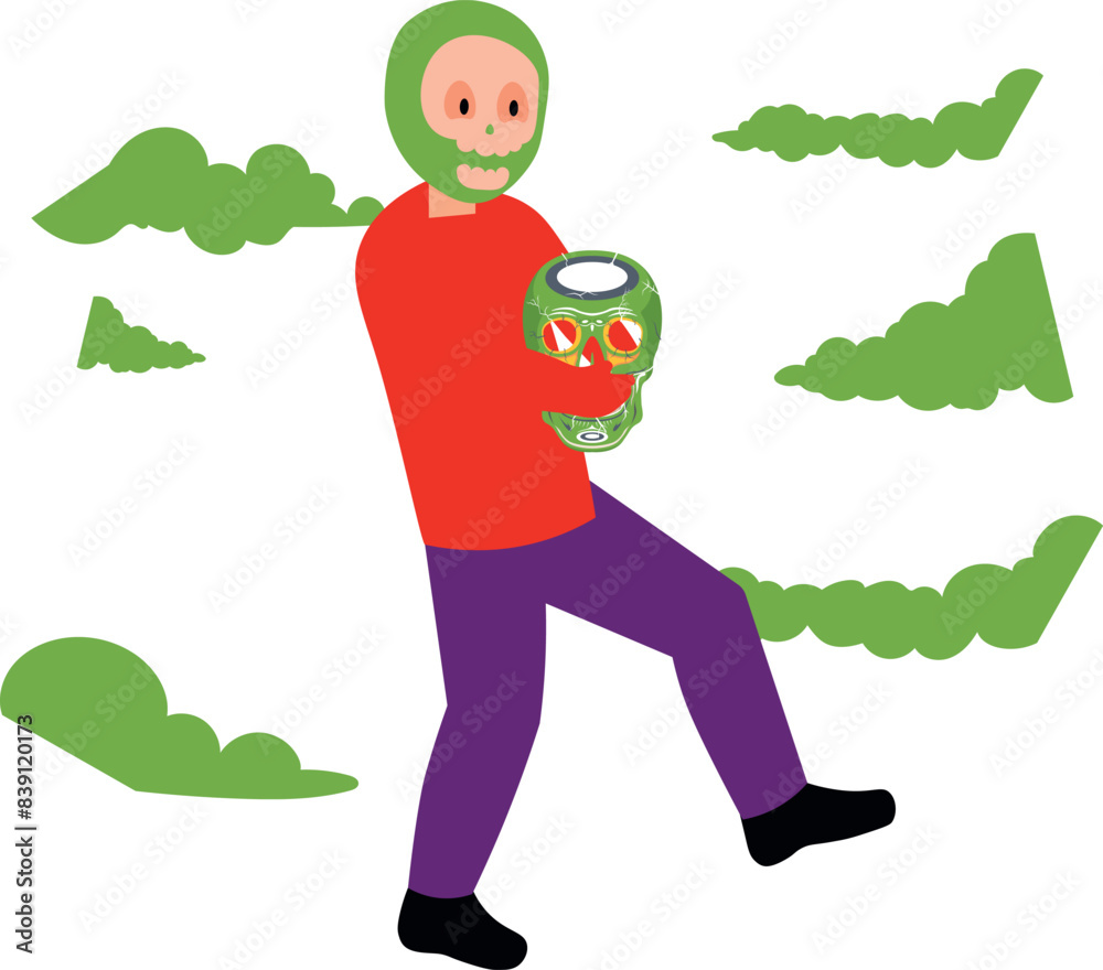 The boy is holding the devil's face. The boy is holding the devil's face.