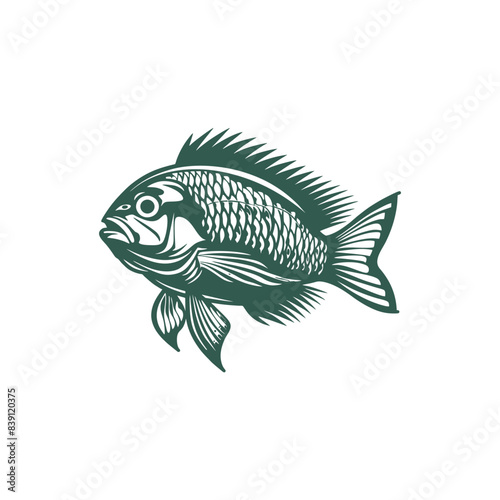 Vector illustration of Tilapia fish isolated on white background. Tilapia fish glyph icon. Badge for design seafood packaging. Logo Design for Fish Farming Business