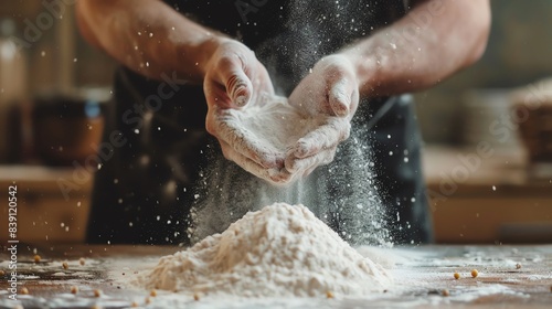 Close-up of hands sprinkling flour on a wooden table in a kitchen, capturing the essence of baking and cooking preparation.