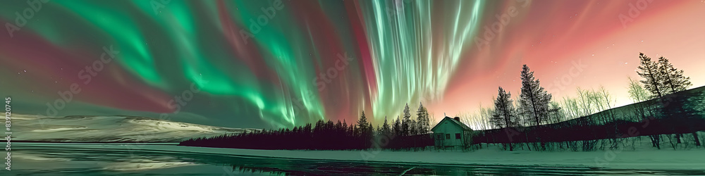 the aurora borealis is seen over a lake. the aurora borealis is seen over a lake.