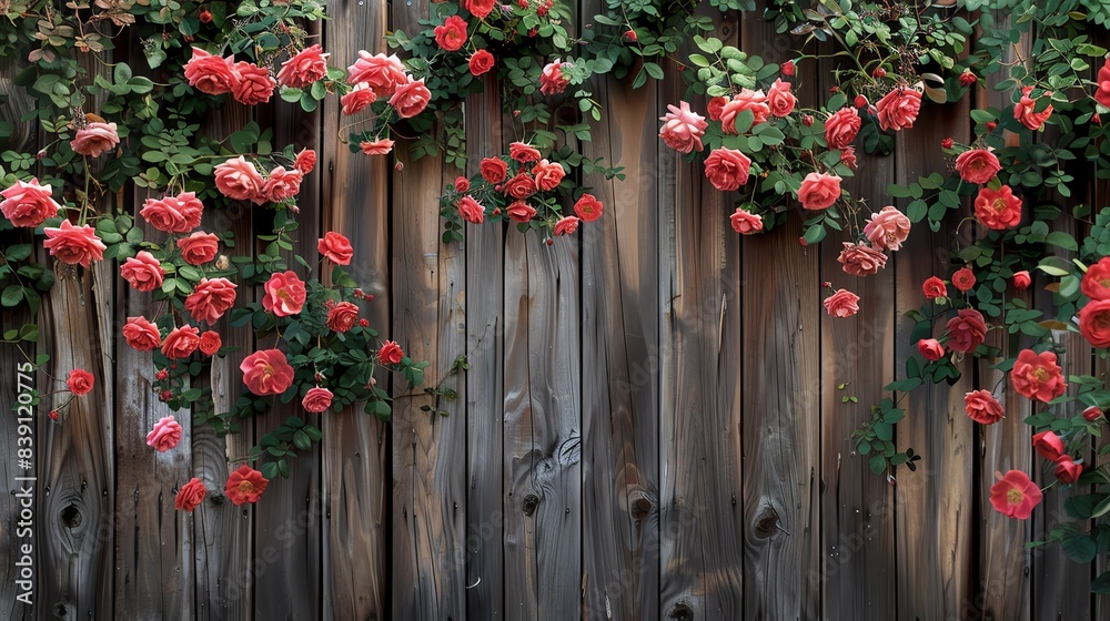 A beautiful climbing rose plant with delicate pink flowers cascading down a rustic wooden fence. A beautiful climbing rose plant with delicate pink flowers cascading down a rustic wooden fence.