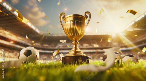 Soccer ball and gold trophy on the stadium, golden hour light background, For football competition