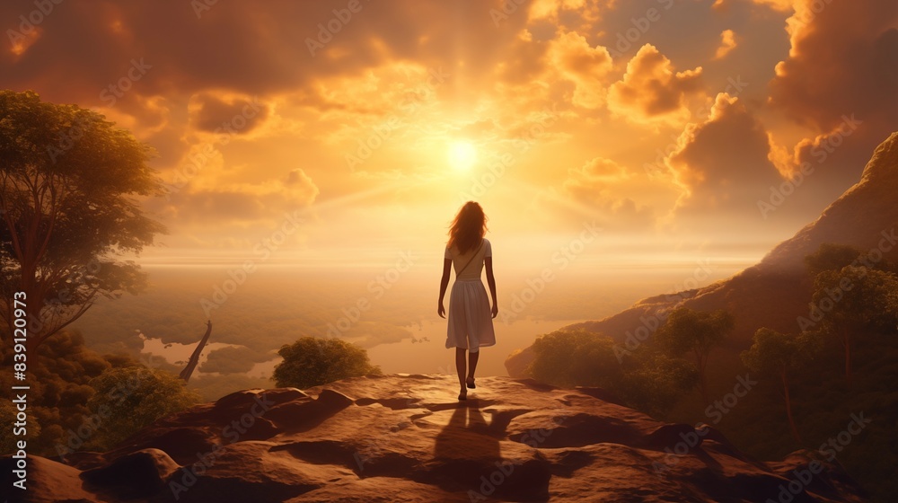 Fototapeta premium Woman Walking Towards a Glorious Sunset on a Mountain Ridge