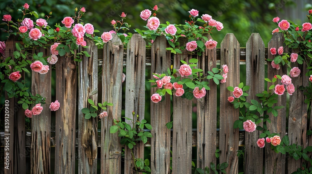 Fototapeta premium A beautiful wooden fence is covered in climbing pink roses.