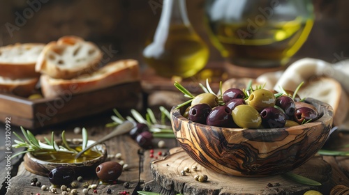 Rustic Mediterranean olive bowl with fresh herbs  olive oil  and bread slices on a wooden table setting.