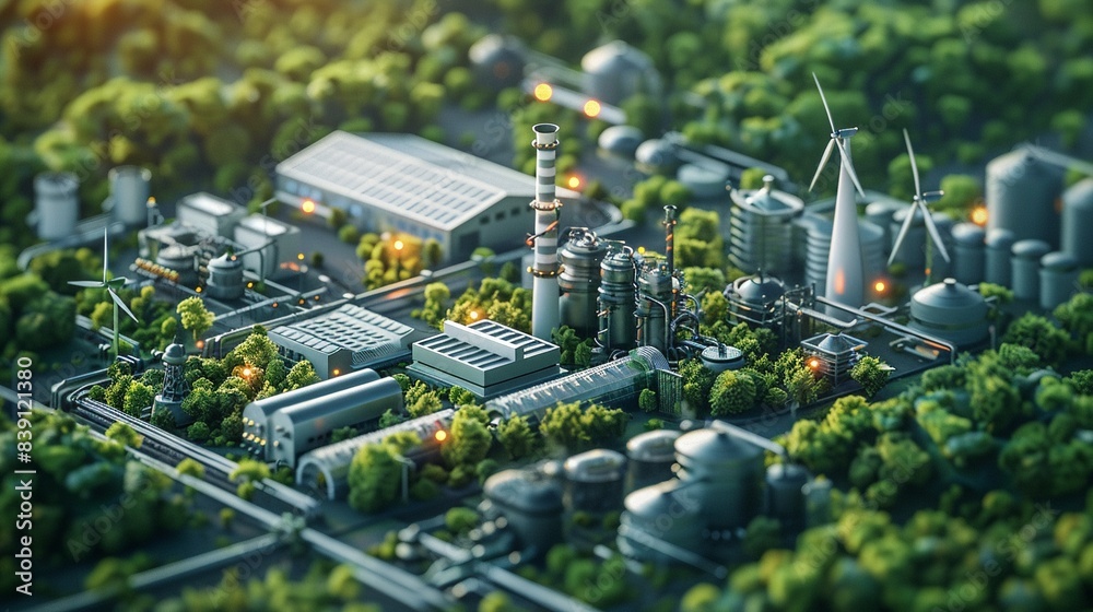 Industrial plant utilizing renewable energy sources, solar panels, wind ...