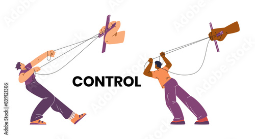 Vector illustration on the theme of manipulation, depicting male puppets trying to free themselves.