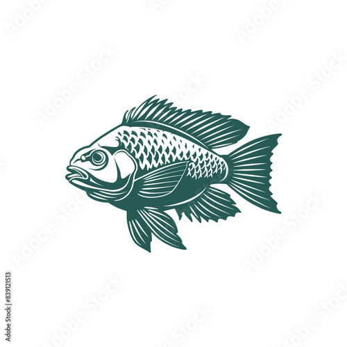 Vector illustration of Tilapia fish isolated on white background. Tilapia fish glyph icon. Badge for design seafood packaging. Logo Design for Fish Farming Business