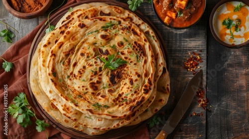 Homemade Kerala wheat paratha or layered parotta served with Paneer curry, photo