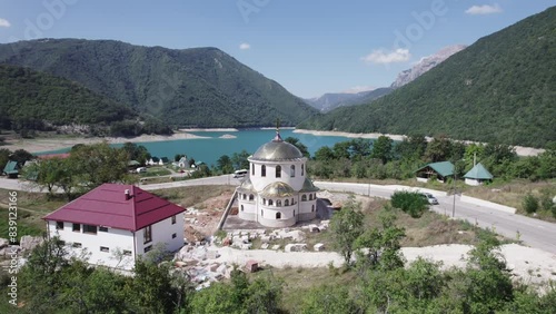 Aerial video above Cathedral of the Holy Serbian Patriarch Makarios in Pluzine photo