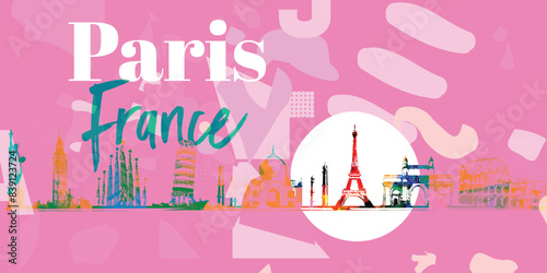 Travel and tourism background. Famous world landmarks vector illustration.  Eiffel Tower background. France and Paris.