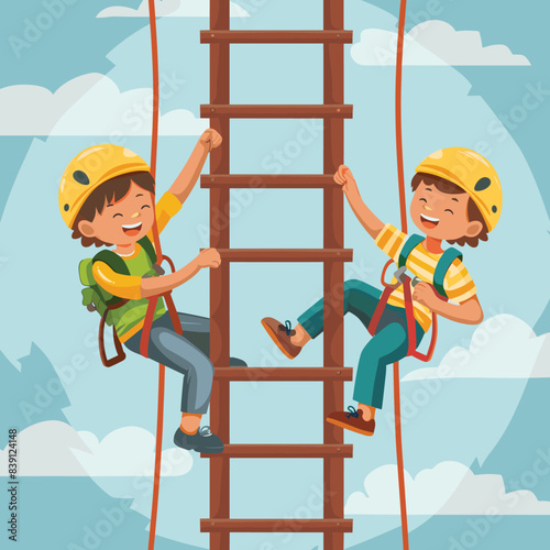 Two children climbing rope ladder outdoors, smiling enjoying adventure sports. Boys wearing helmets harnesses safety during recreational climbing activity. Cartoon illustration youthful climbers