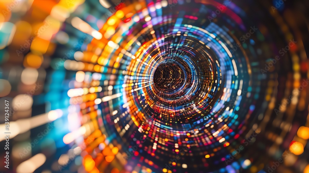 A vibrant abstract representation of a tunnel with multicolored lights, creating a dynamic spiral effect. The image captures the essence of motion and energy, evoking a sense of futuristic technology A vibrant abstract representation of a tunnel with multicolored lights, creating a dynamic spiral effect. The image captures the essence of motion and energy, evoking a sense of futuristic technology