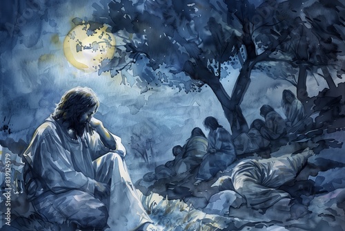 Jesus Praying in Gethsemane: Spiritual Struggle Under Moonlit Night