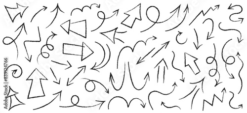 Scribble arrows collection. Set of Pencil Pointer Arrows. Hand isolated arrows set on white background. Group of chalked arrows. Hand drawn black charcoal symbols. Swirls arrows doodle lines icon set