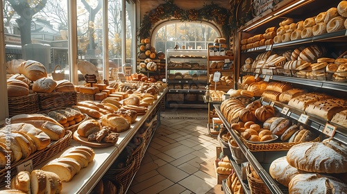 A grocery store aisle showcasing an array of fresh bread and baked goods  each loaf and pastry meticulously displayed