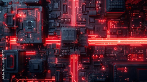 Industrial building with red neon accents, aerial perspective, cyberpunk style, dark and intricate, hightech 8K , high-resolution, ultra HD,up32K HD