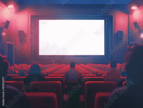 A cinema hall featuring a blank screen red seating