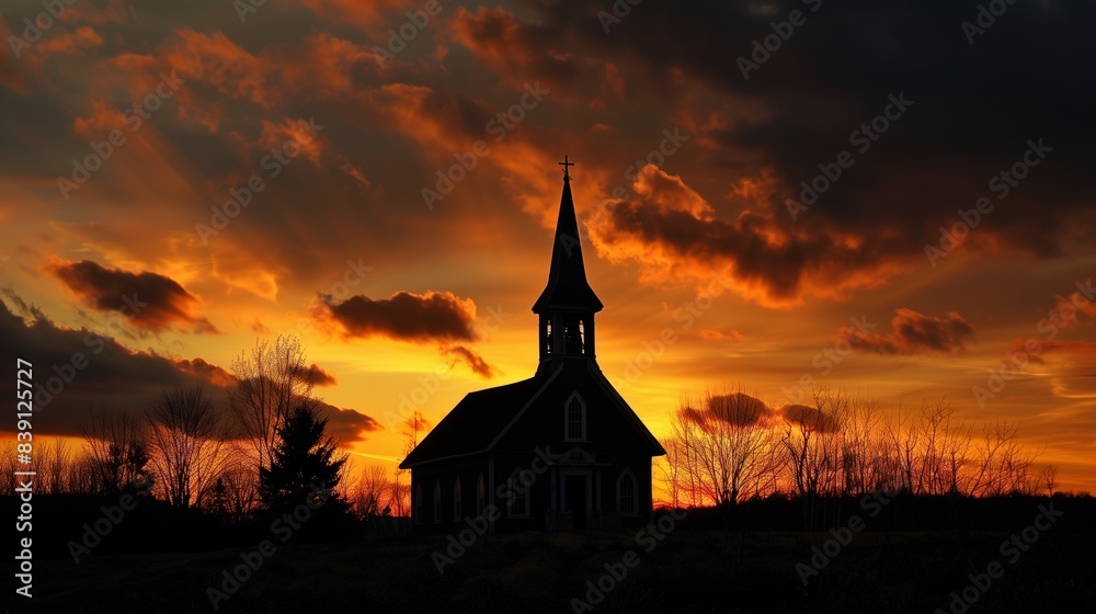 Obraz premium A quaint countryside church silhouetted against the warm glow of sunset, its steeple reaching towards the darkening sky.