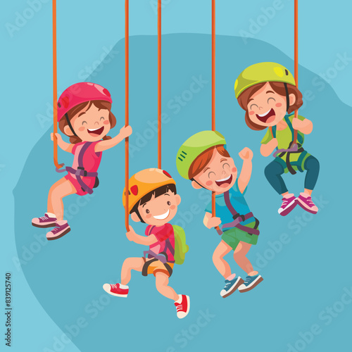 Four children enjoying zip line adventure, laughing smiling, wearing safety helmets harnesses. Young adventurers experience thrill ziplining, against blue background, depicting happiness activity
